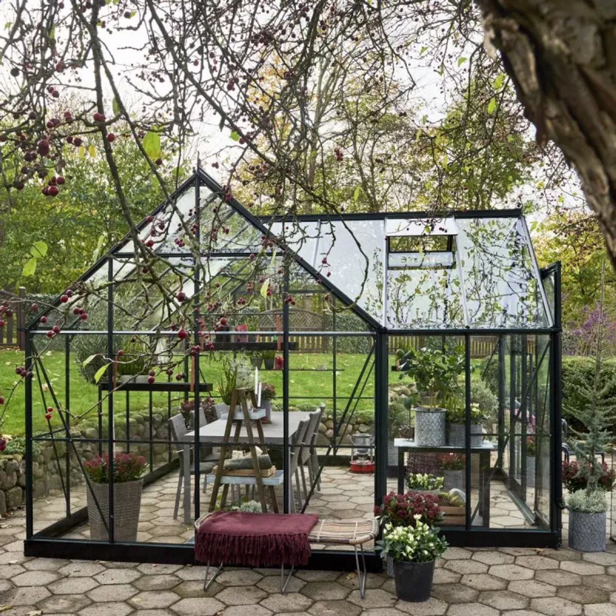 Halls Garden Room grøn 12,9 m ² m/3 mm hærdet glas - Drivhus-Orangeri