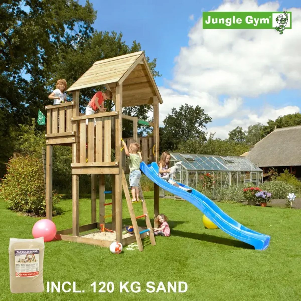 Jungle Gym Palace legetårn komplet, inkl. 120 kg sand og blå rutschebane - 804-276SAB