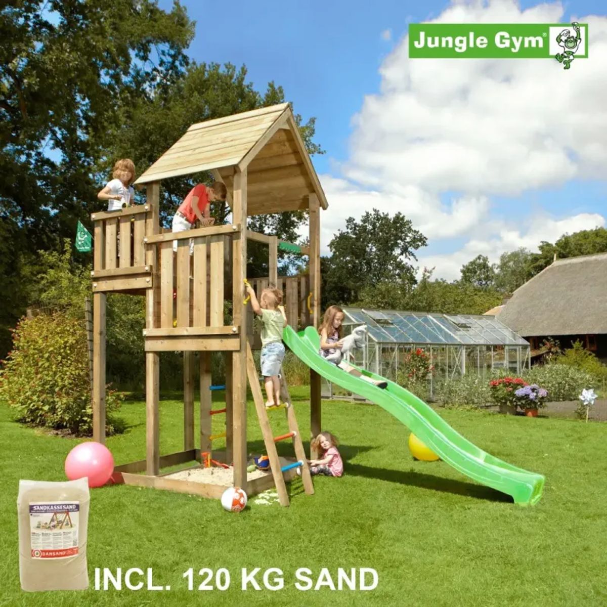 Jungle Gym Palace legetårn komplet, inkl. 120 kg sand og grøn rutschebane - 804-276SG