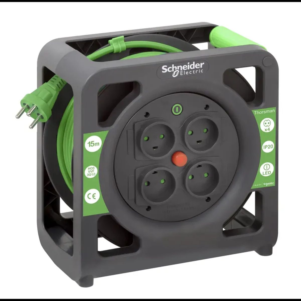 Schneider Kabeltromle 3g1,0mm 15 M 4 Udtag Sort-grøn - Imt33138