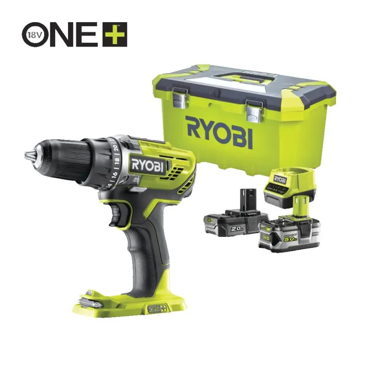 Ryobi Bore/skruemaskine R18DD3-252T Inkl. Ekstra Batteri 5,0 - Værtøjskasse - Bitssæt