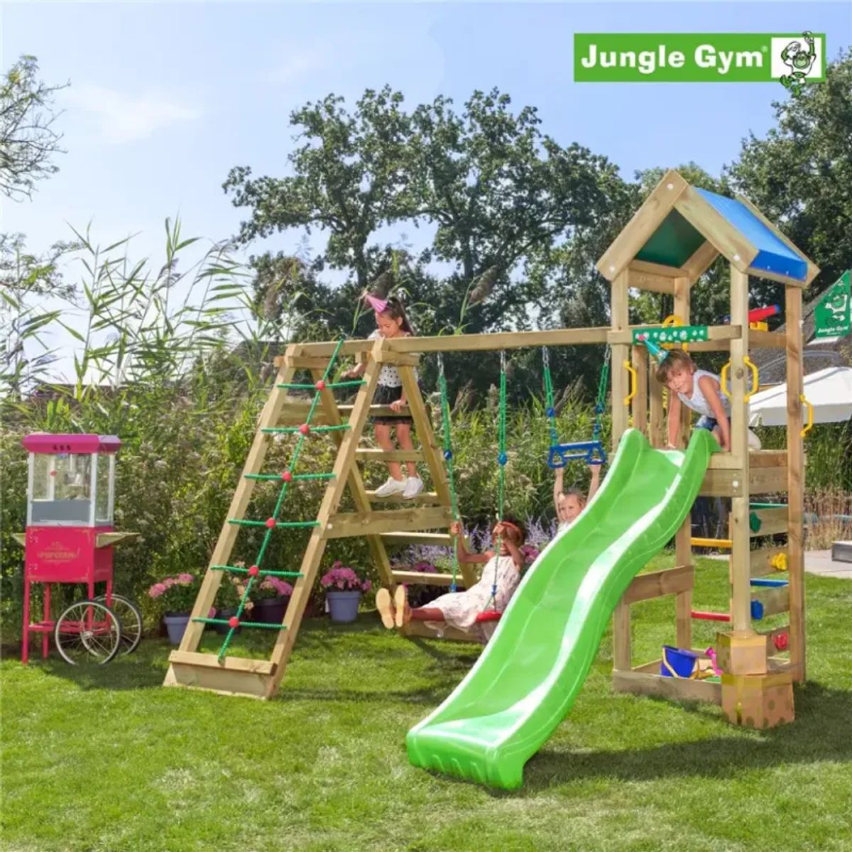 Jungle Gym Patio legetårn komplet inkl. klatremodul 2 og mørkegrøn rutschebane - 804-070C2G