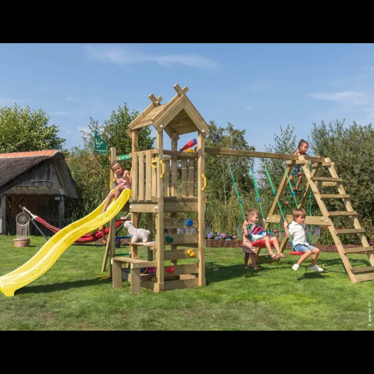 Jungle Gym Teepee legetårn komplet inkl. klatremodul og gul rutschebane 804-088C2GU