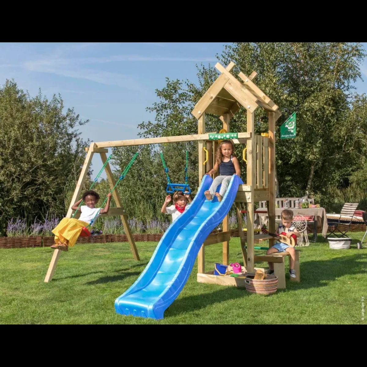 Jungle Gym Totem legetårn komplet inkl. gyngemodul og blå rutschebane 804-073S2B