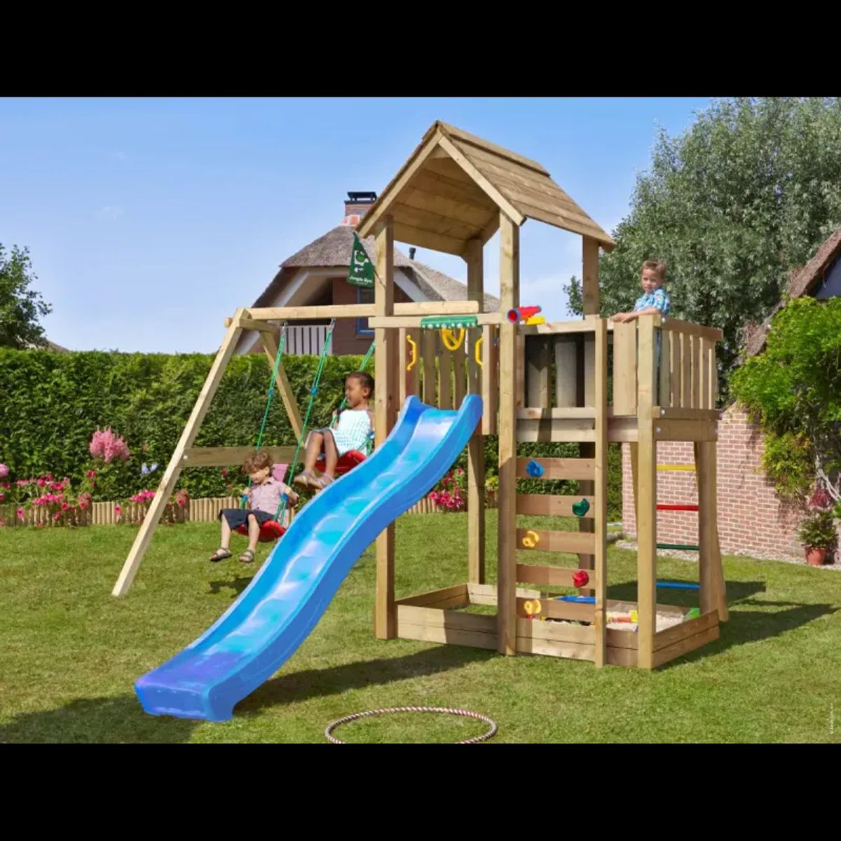 Legetårn komplet Jungle Gym Mansion 2.1 inkl. Swing modul og blå rutsjebane