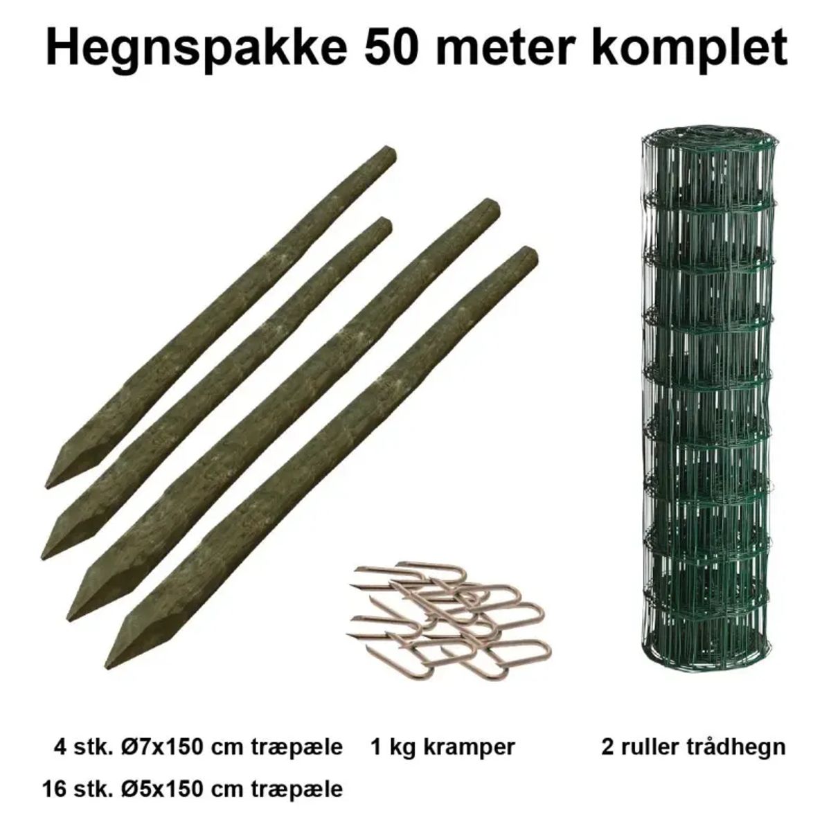 50 Meter Havehegn Inkl. 20 Stk. Træpæle Og 1 Kg Kramper - Maskestr. 5x10 Cm H:80 Cm