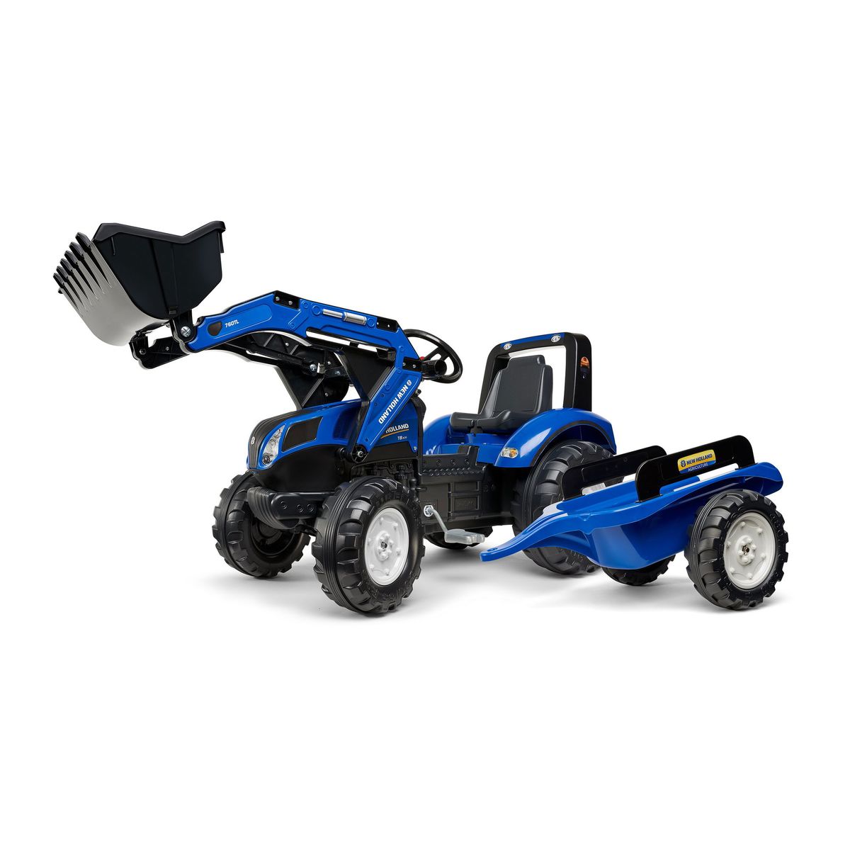 New Holland pedaltraktor med frontlæsser inkl. vogn