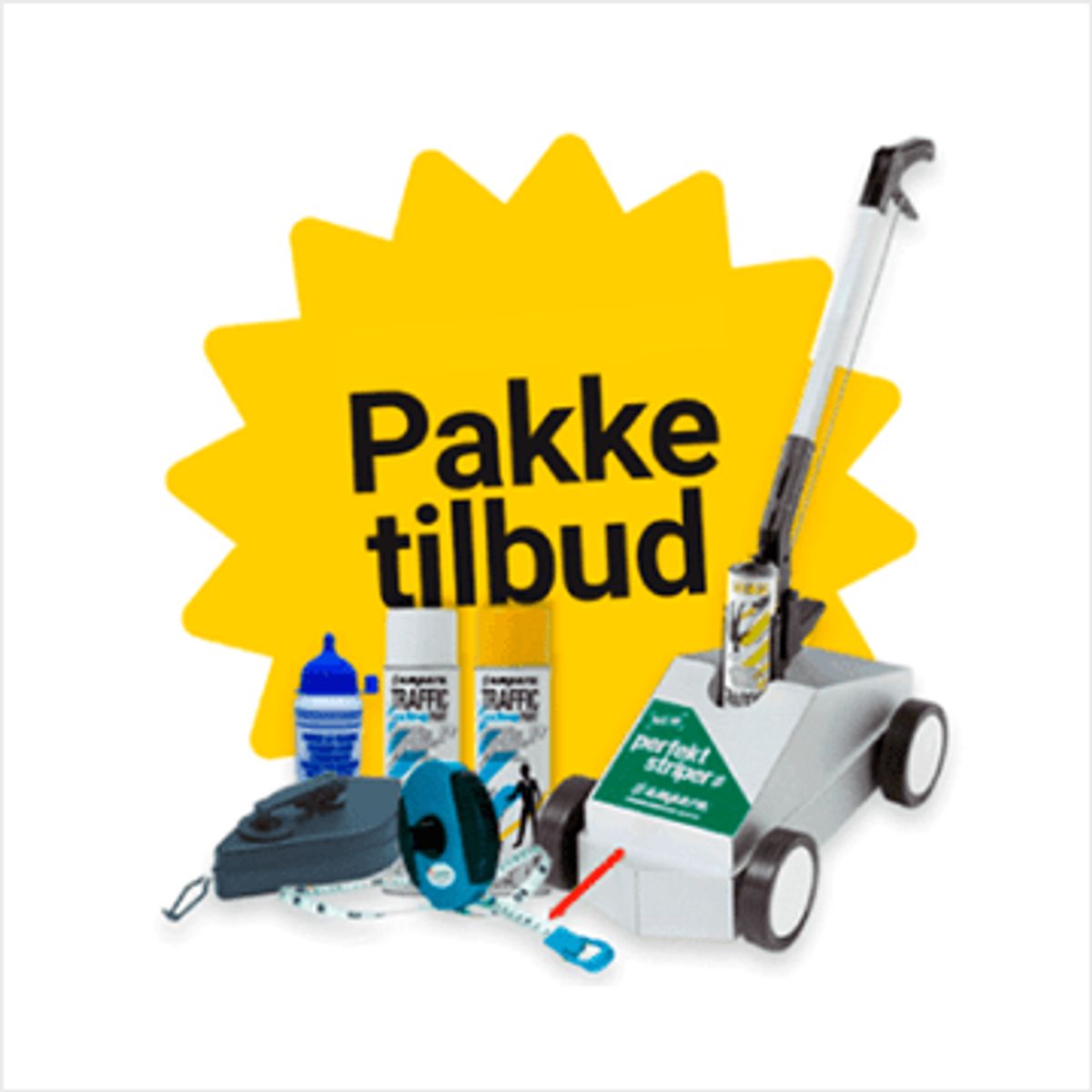 Pakketilbud : 1 kasse hvid + 1 kasse gul Traffic Paint Extra og 1 stk. Perfekt Striper