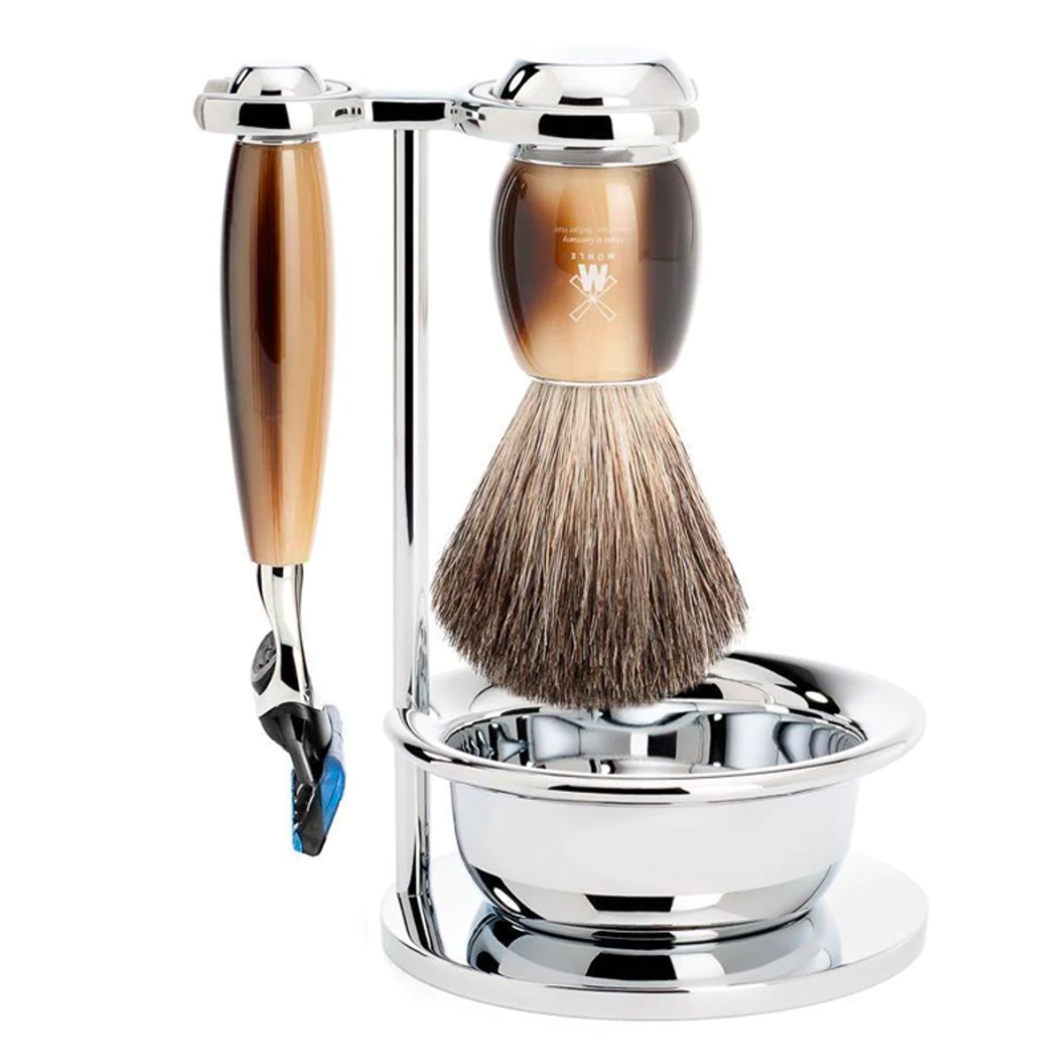 Mühle Vivo Brown Horn Barbersæt: Fusion Skaber, Pure Badger Barberkost, Holder og Skål