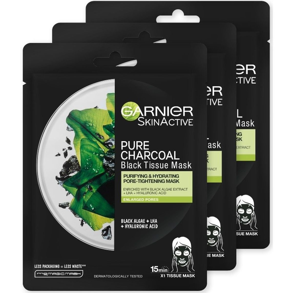 3 x Garnier Skinactive Face Pure Charcoal Black Tissue Mask Black Algae 28 gr.