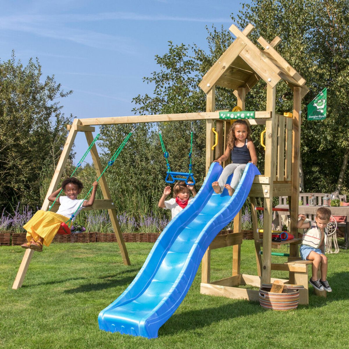 Jungle Gym - Legetårn Jungle Gym Totem w/2-Swing Module 200 og blå rutschebane