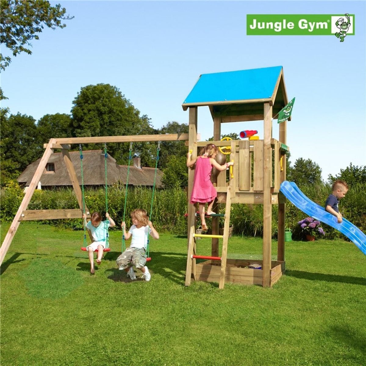 Jungle Gym - Legetårn Jungle Gym Castle 2.1 m/2-Climb Module 220 og blå rutschebane