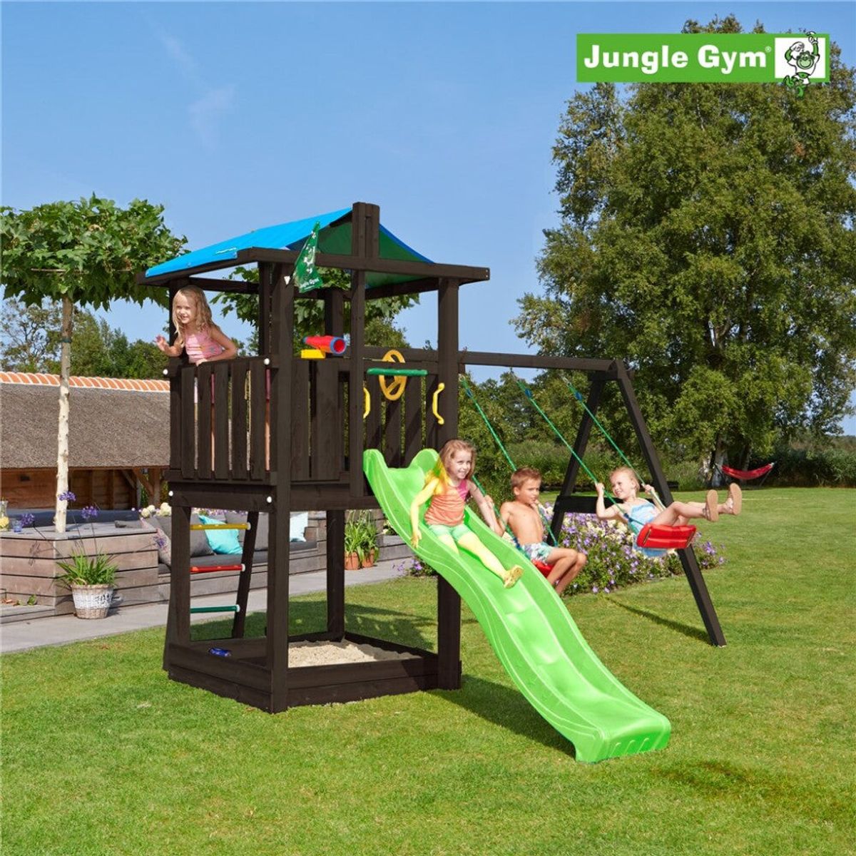 Jungle Gym - Legetårn Jungle Gym Hut, grundmalet sort, m/2-Swing Module 220 ekskl. rutschebane