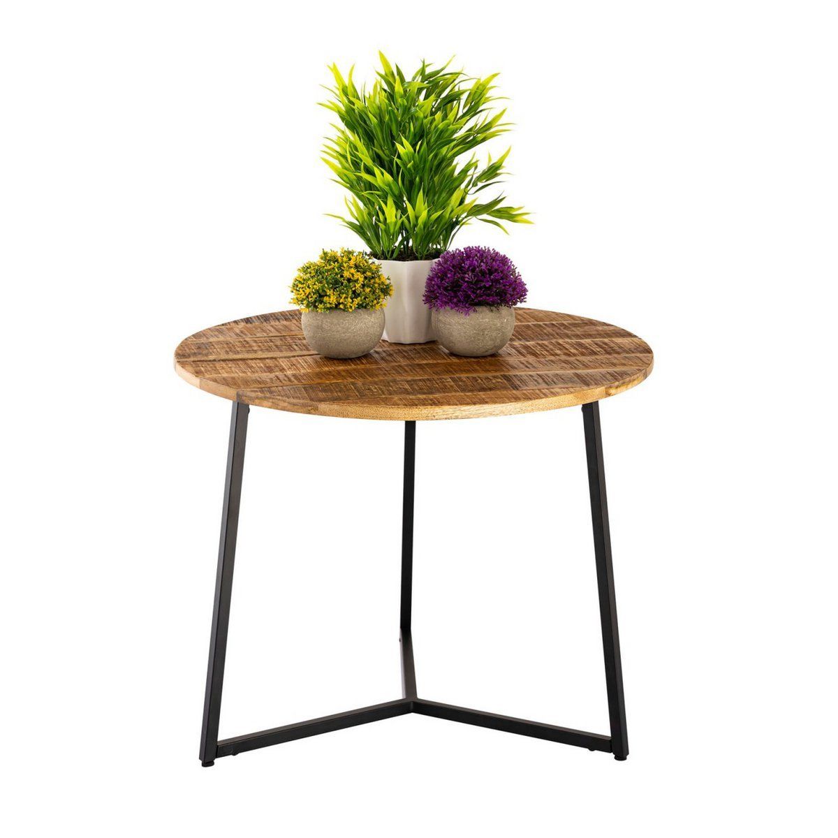 Sofabord rundt massivt træ diameter 56cm. Stuebord, sidebord La Palma med metalstel i sort