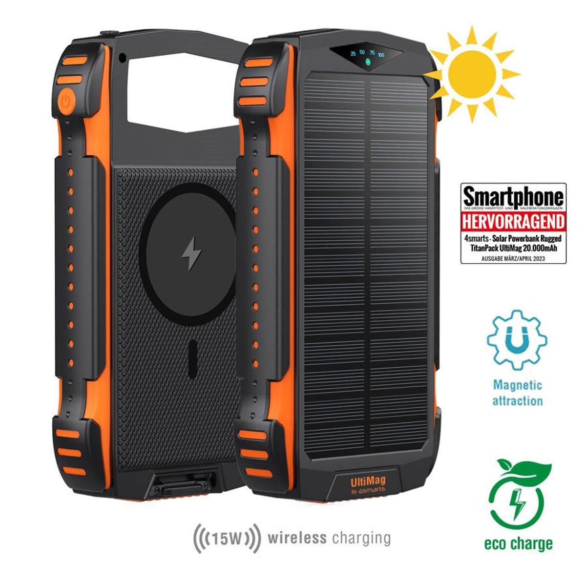 4Smarts Rugged TitanPack UltiMag 20.000 mAh solcelle powerbank, 18W PD & QC, Orange