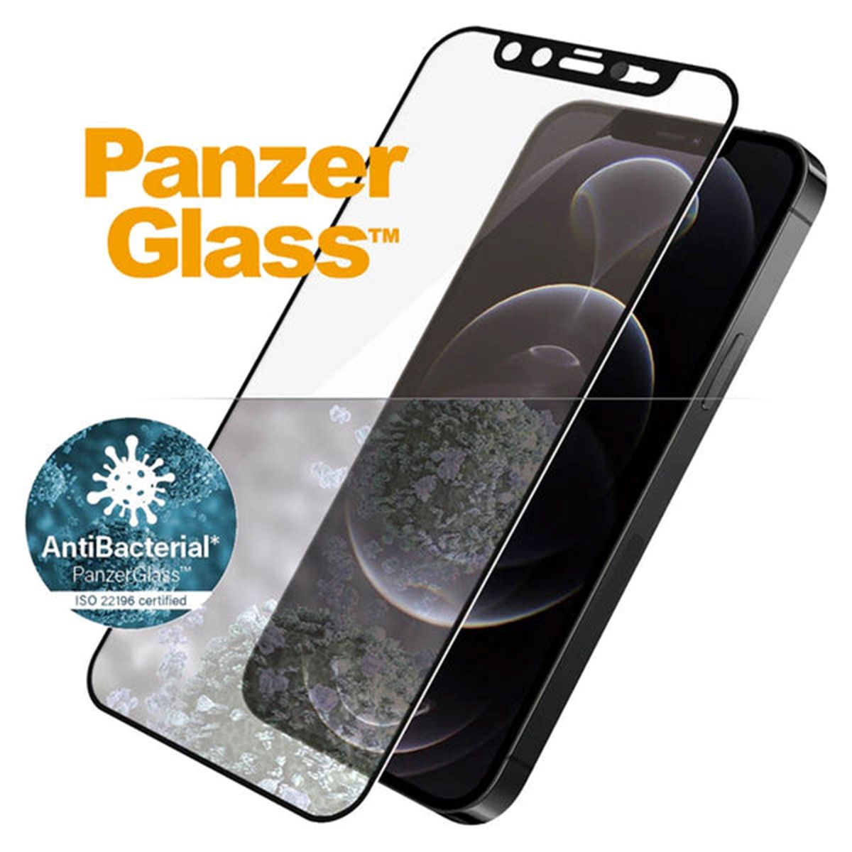 PanzerGlass iPhone 12/12 Pro AntiBacterial CamSlider Skærmbeskyttelse, Sort Kant