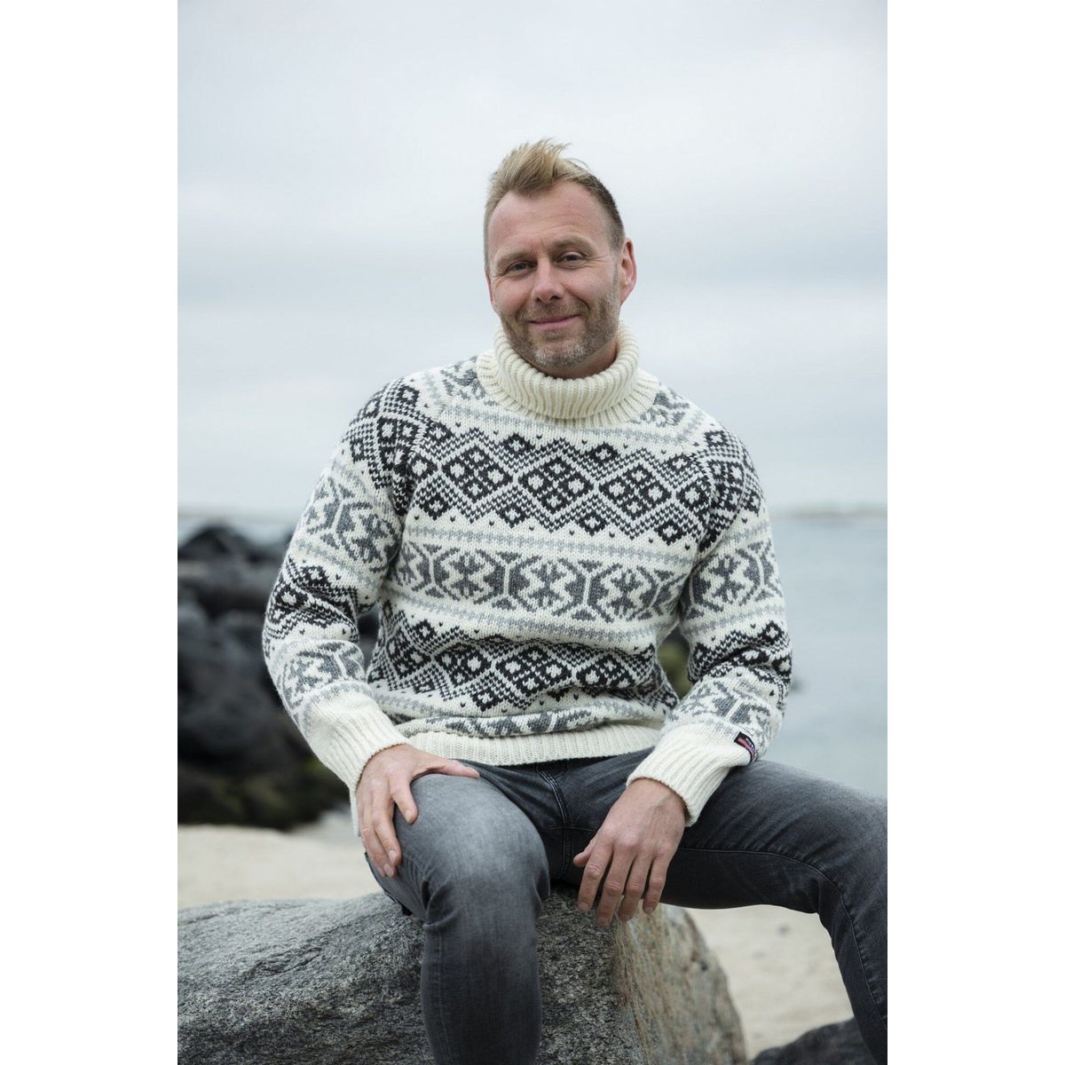 Charm - Islænder Sweater Af 100% Ren Uld - Hvid/Grå