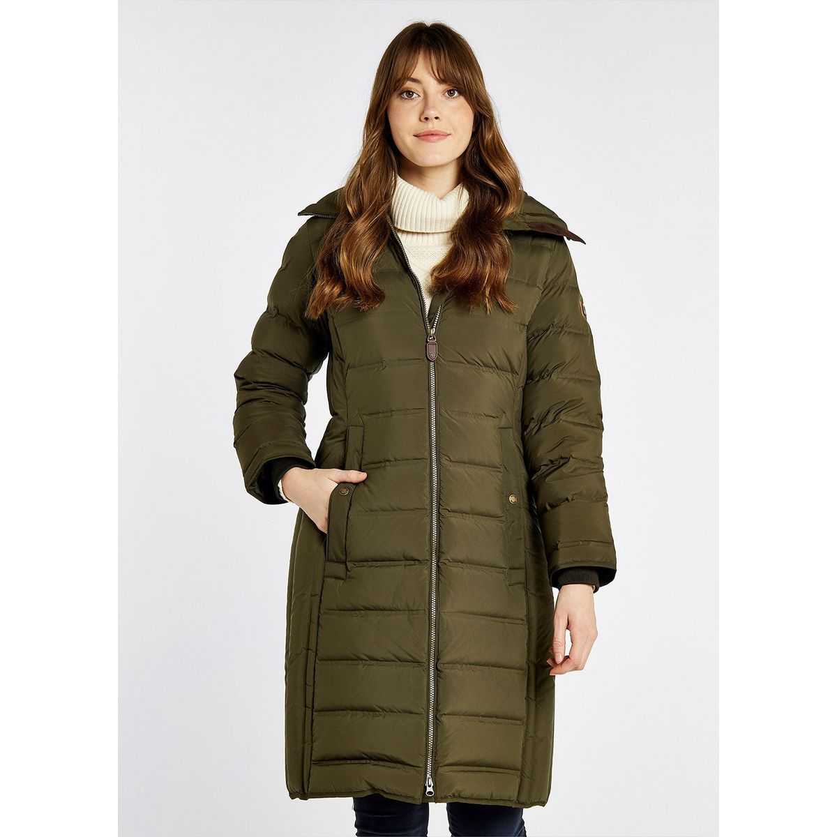 Meyers Ladies LONG Down Jacket, Oliven - 36 (UK10)