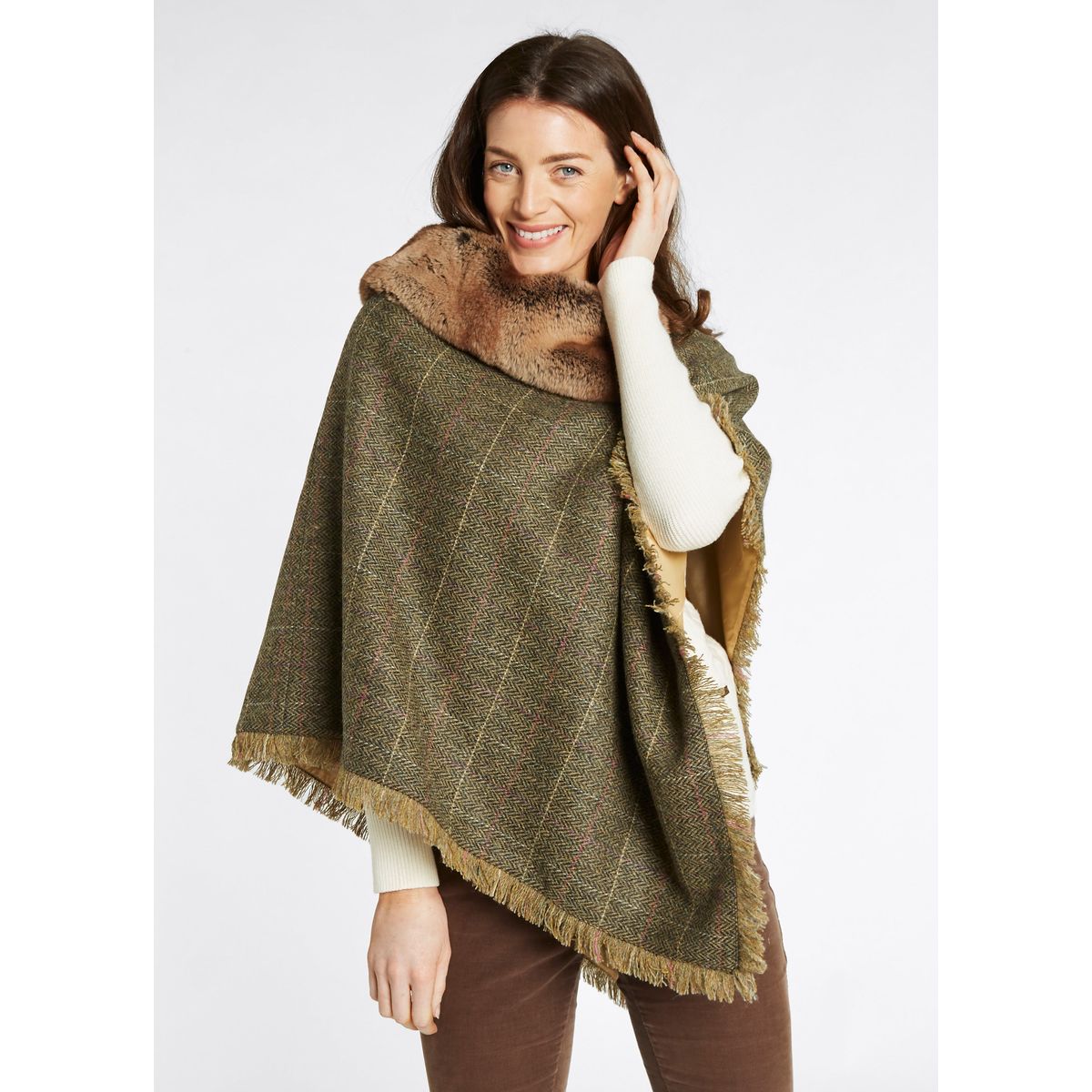 Silverfir Tweed Poncho m. kunstpels, Thistle