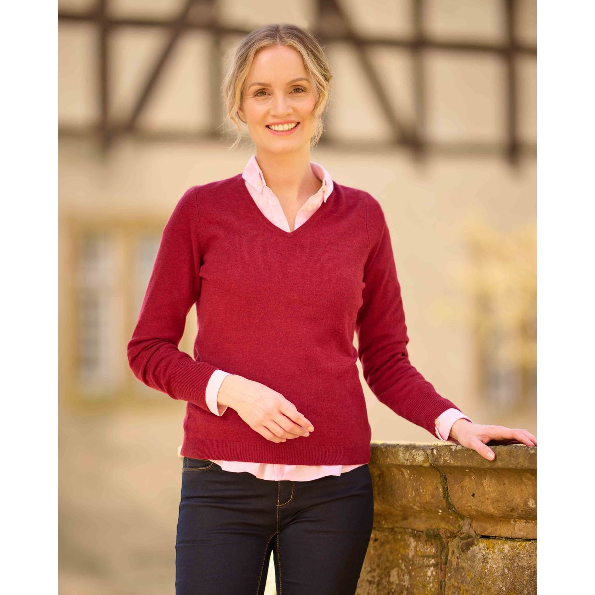 Mary ladies merino pullover, v-hals, red dahlia rød - 40