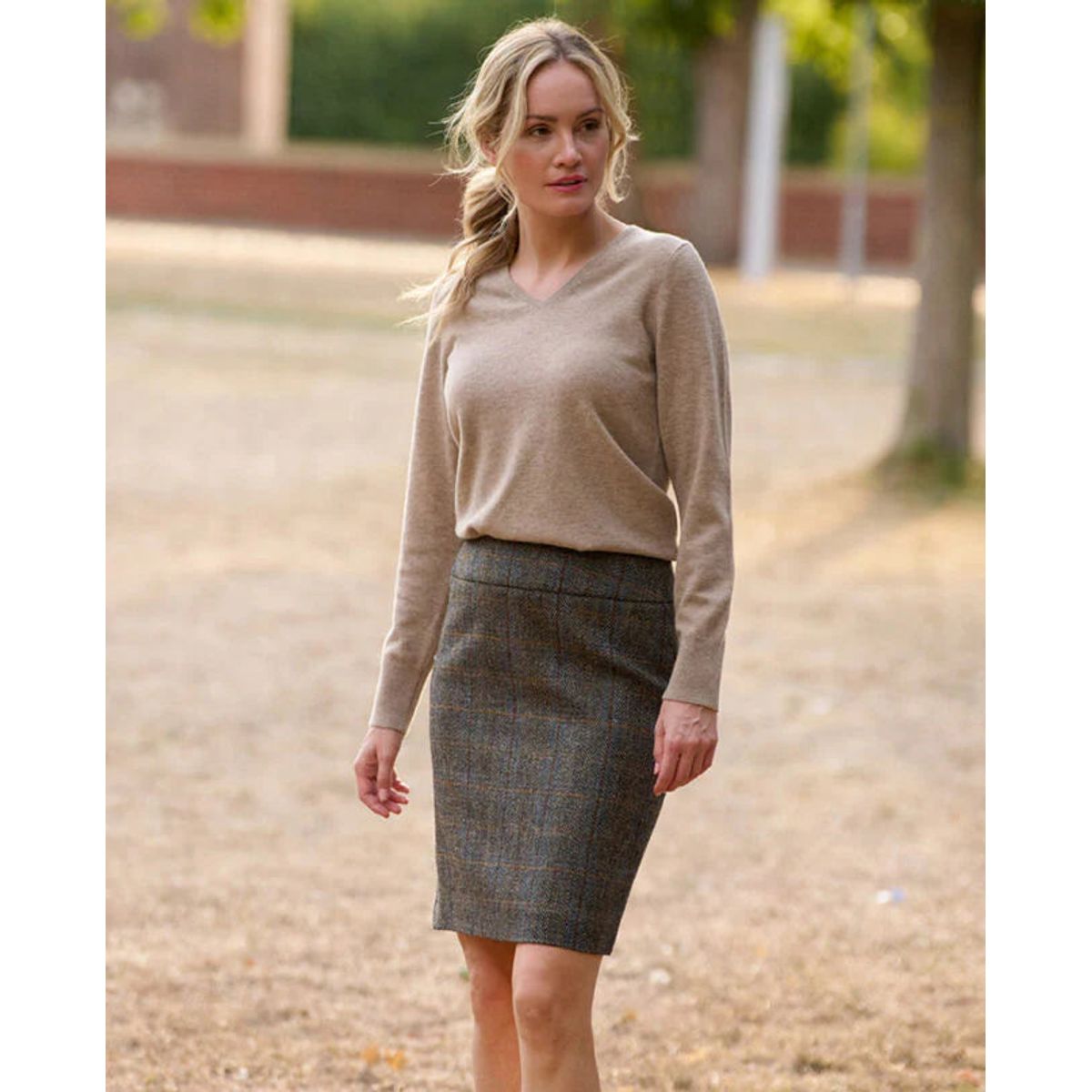 Pencil Skirt nederdel Harris Tweed, grøn/blå herringbone - 34 (XS)