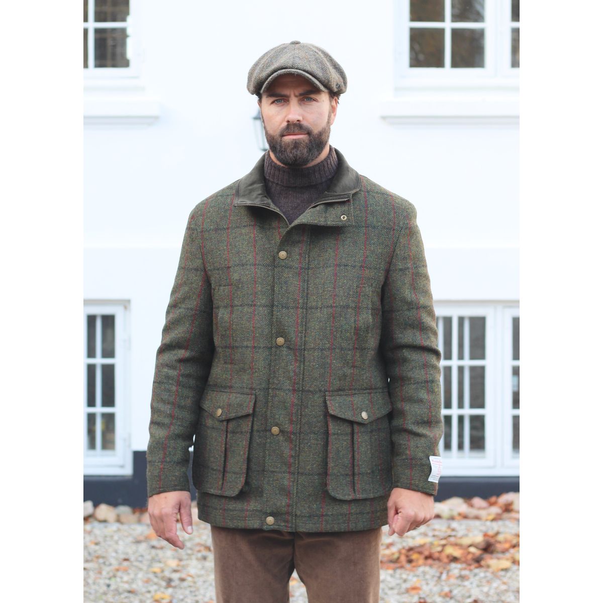 Bristol Field Coat skydejakke Harris Tweed, grøn m. blå/vinrød overtern - 48 (S)