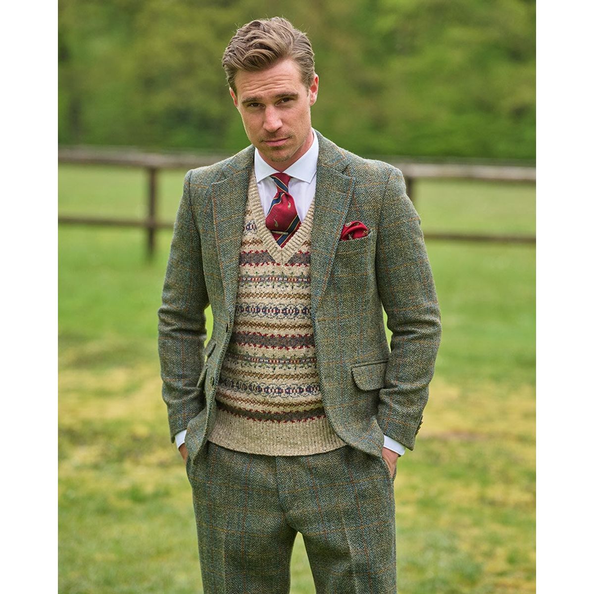 London tweed blazer, Harris Tweed, olivengrøn med blå/brun overtern - 102 EU