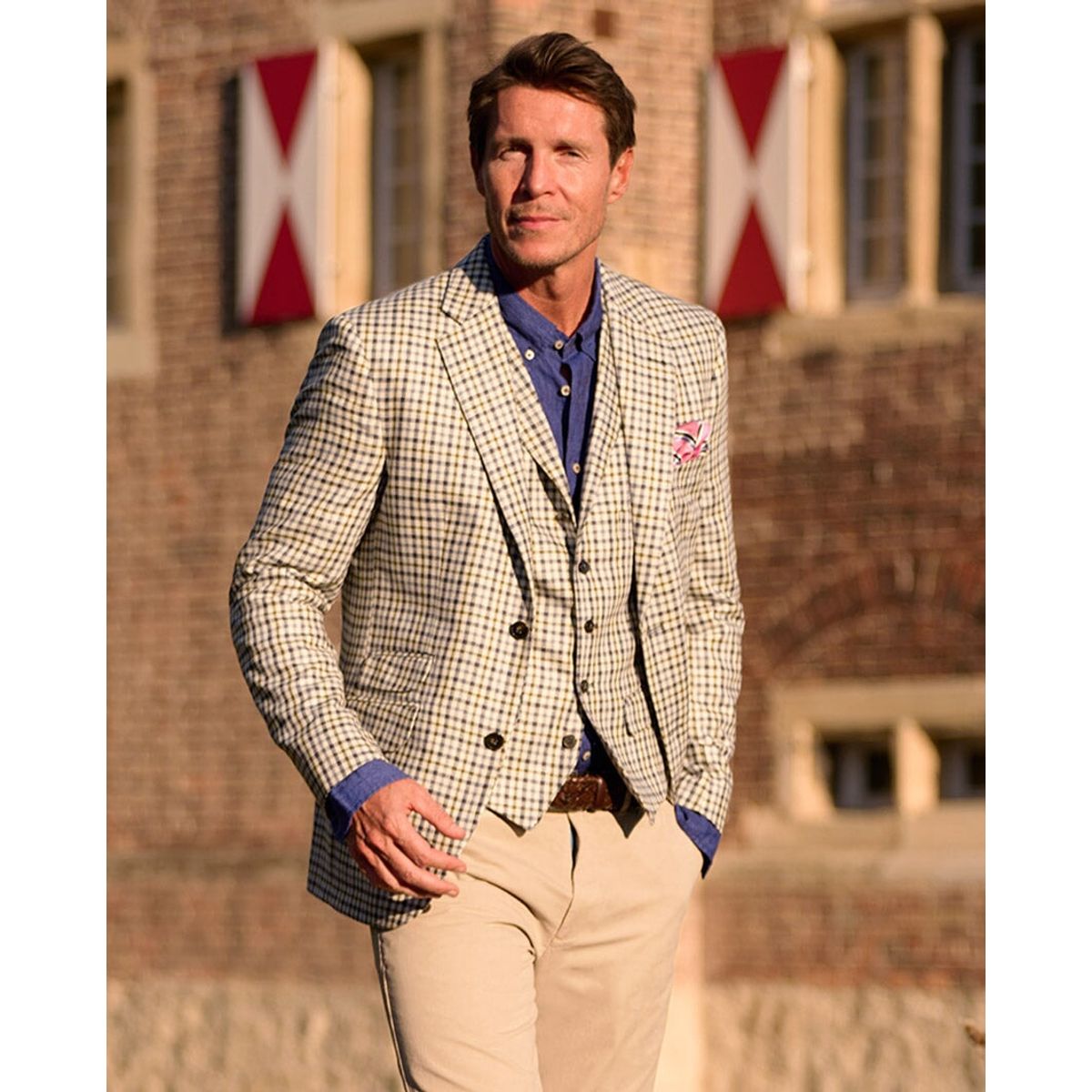 London blazer, ren silke, beige/blå/grøn tern - 56 EU / XXL