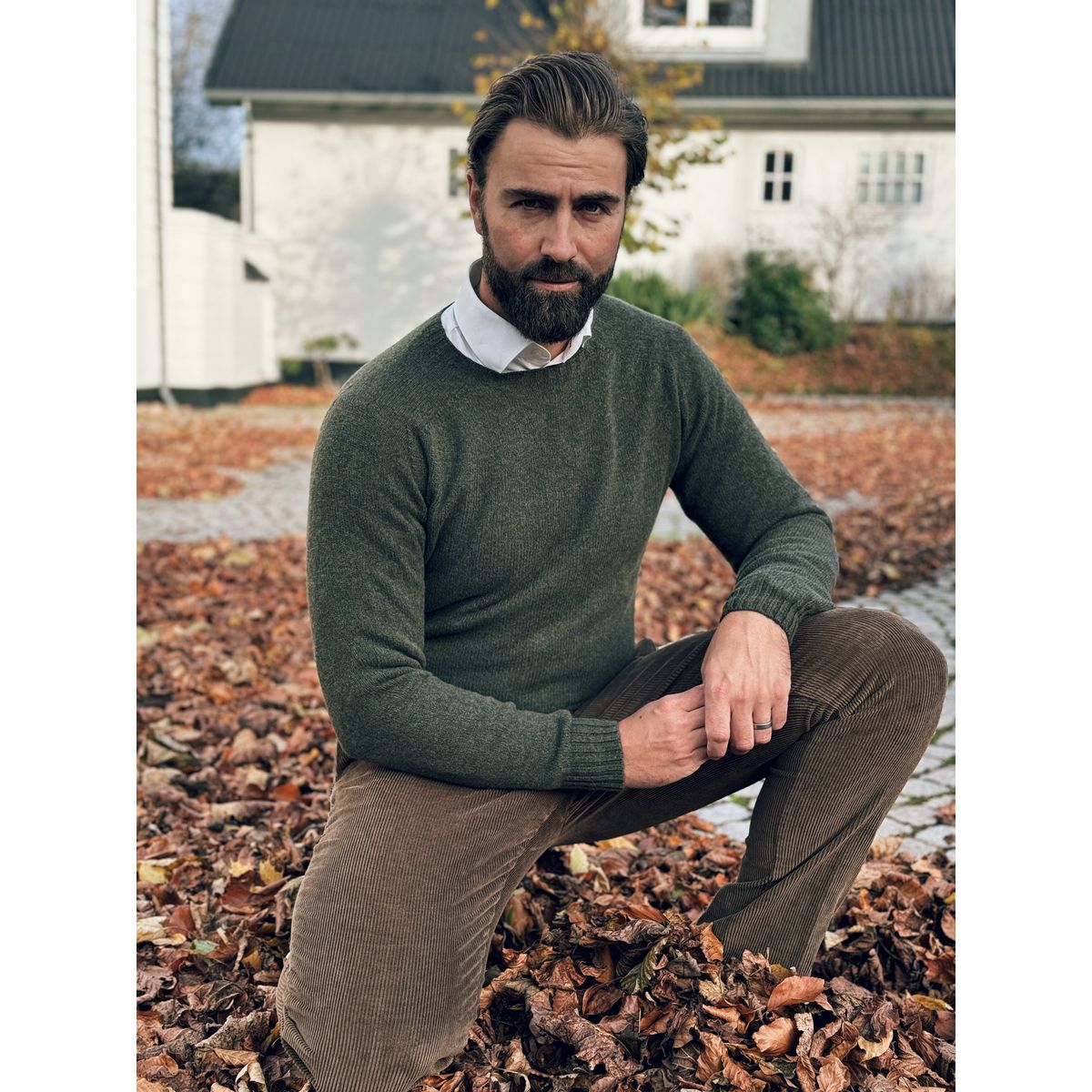 Orton Jumper rundhalset sweater, Loden Green, Geelong lammeuld - M