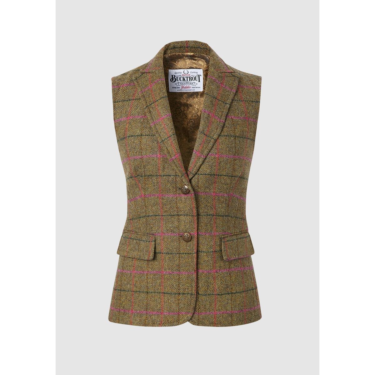 Pippa Waistcoat Yorkshire Tweed, gulgrøn med pink tern - 6 (XXS)