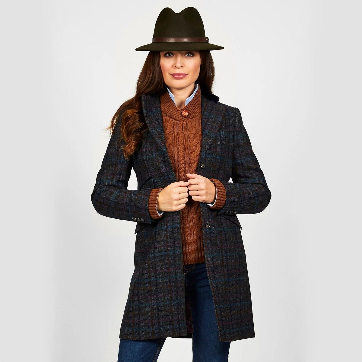 Tori 3/4 Ladies Coat frakke af Yorkshire Tweed, navy multicheck - 16 (XL)