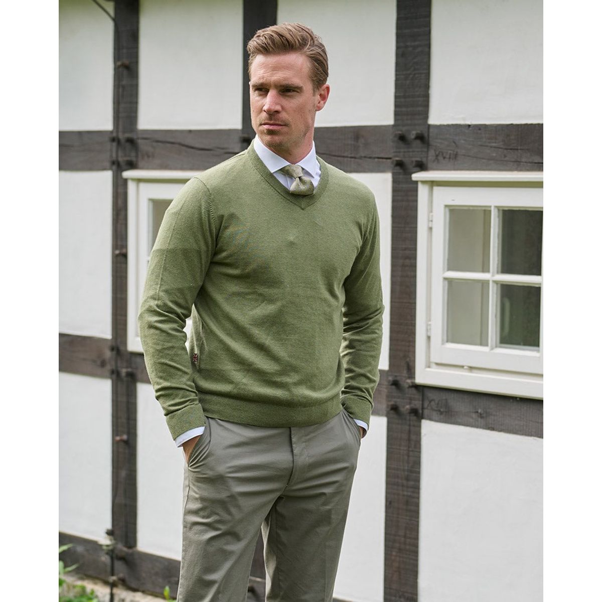 Tommy pullover modern fit, V-hals, bomuld, grøn - S