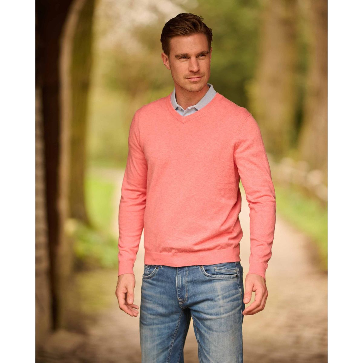 Tommy pullover modern fit, V-hals, bomuld, coralrød - M