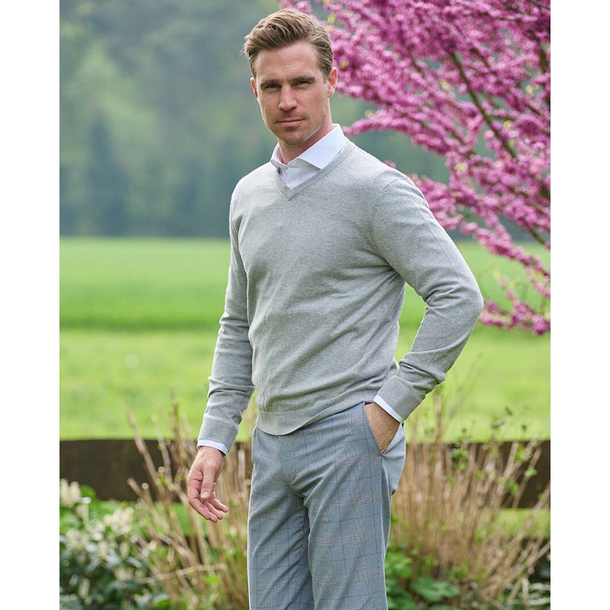 Tommy pullover modern fit, V-hals, bomuld, lys grå - M