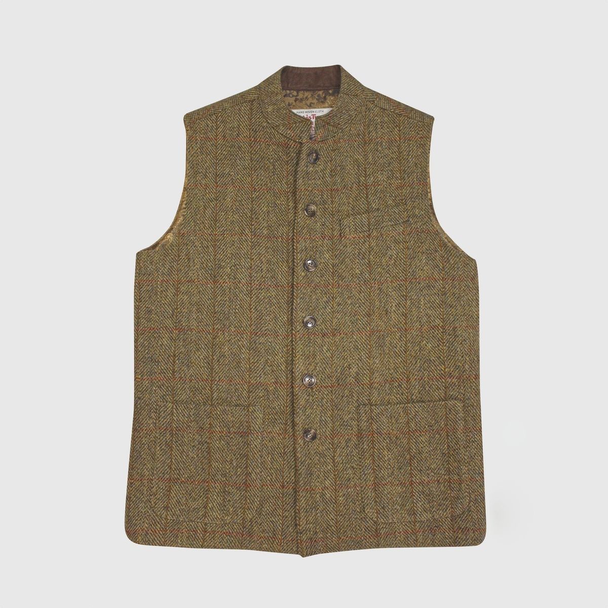 William Tweed Gilet vest med Nehru krave, Harris Tweed, mustard - M (UK42)