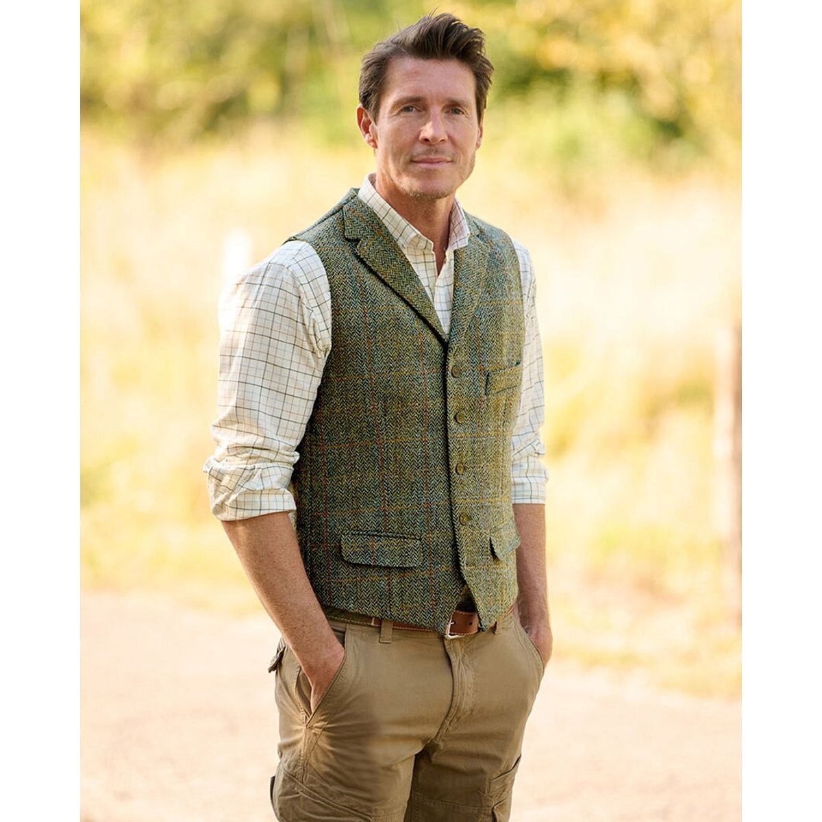 Wales tweed vest, Harris Tweed, olivengrøn med blå/brun overtern - 60 EU / 4XL