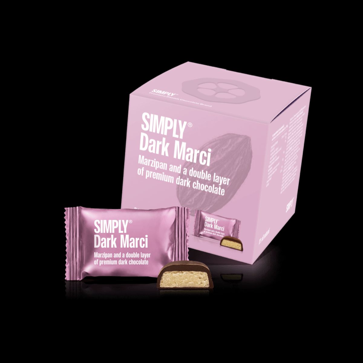 Simply® Dark Marci - Cube med bites | Marcipan og et dobbelt lag premium mørk chokolade