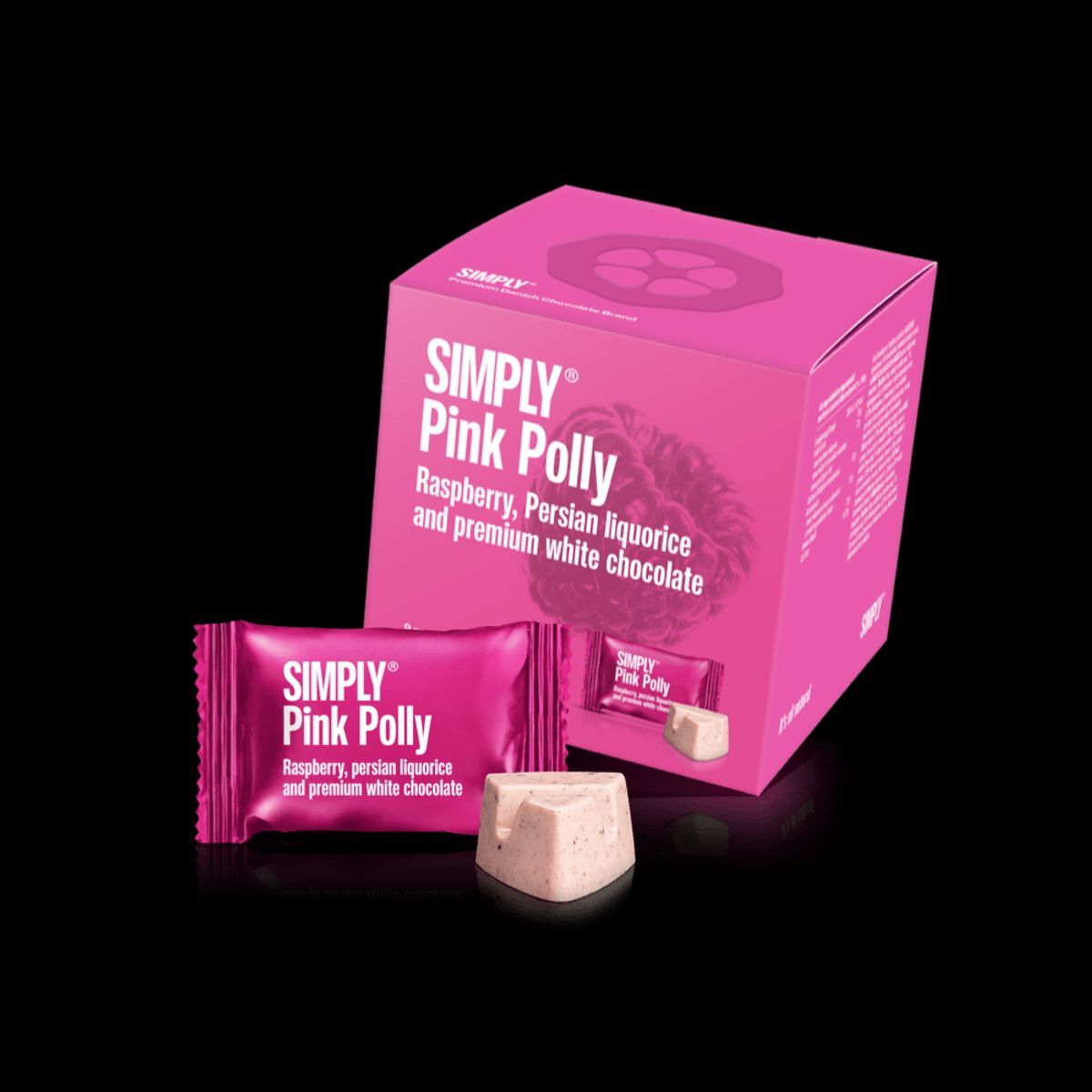 Simply® Pink Polly - Cube med bites | Hindbær, persisk lakrids og premium hvid chokolade