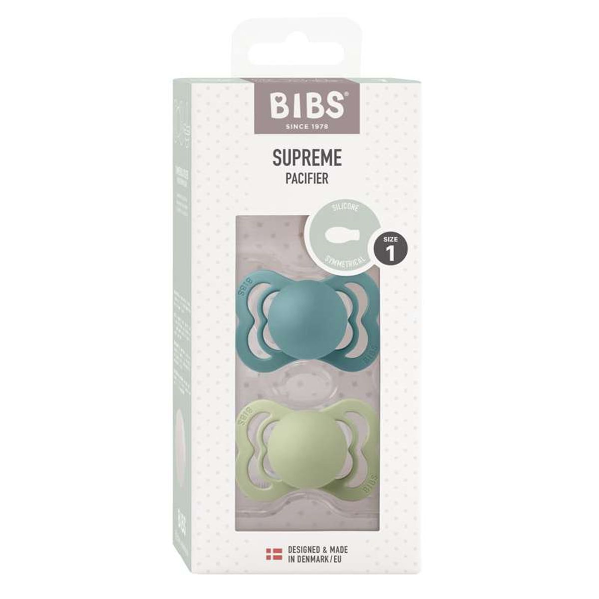 BIBS Symmetrisk Supreme Sut - 2-Pak - Str. 1 - Silikone - Island Sea/Sage