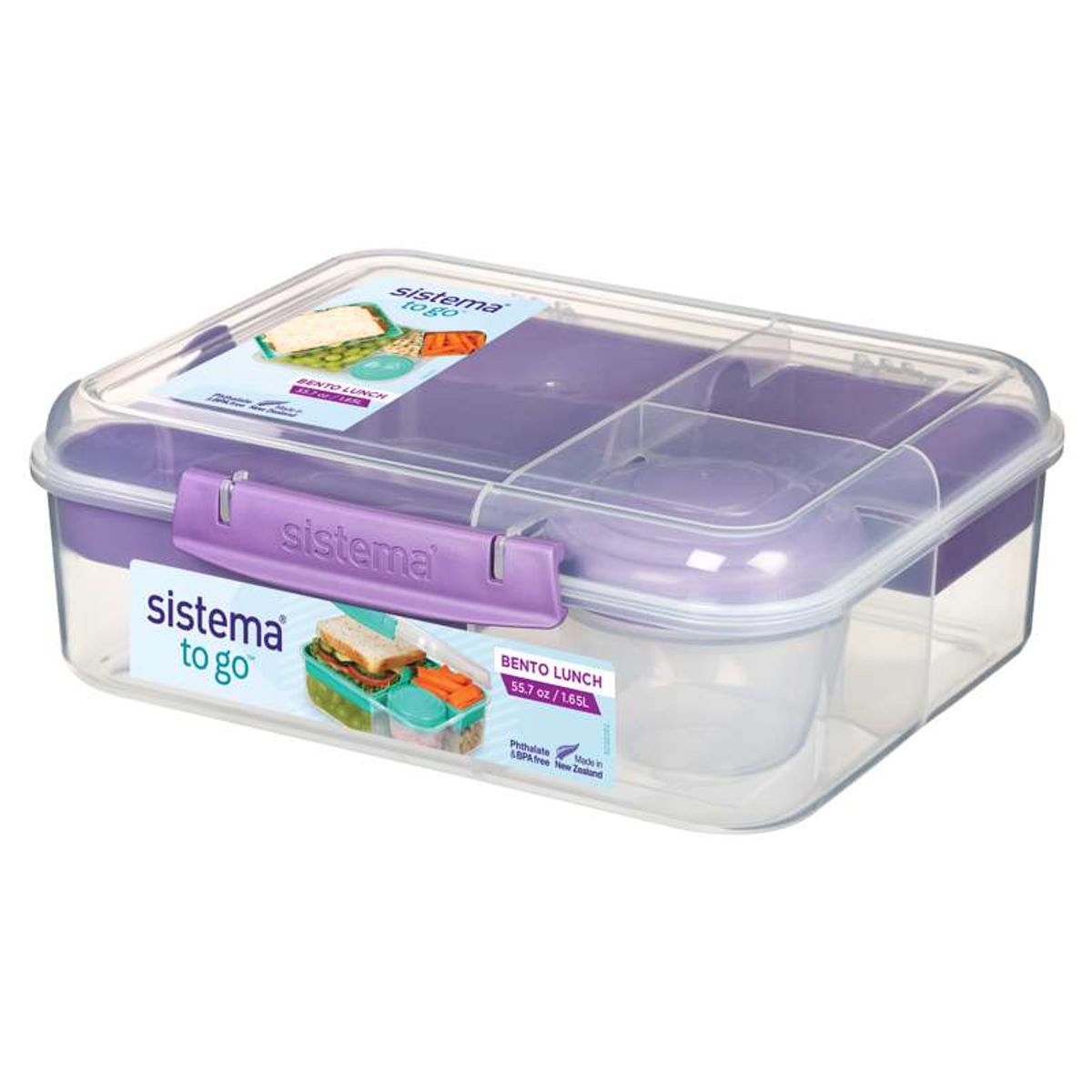 Sistema Bento Madkasse - Ruminddelt med Bæger - 1,65L - Klar/Misty Purple