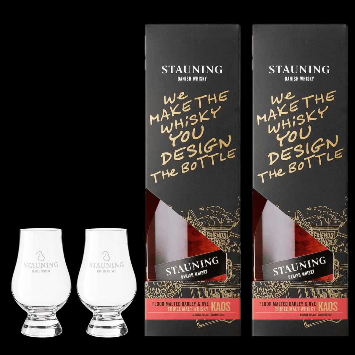 Stauning Kaos Design Edition Sæt 2 Flasker og 2 Whiskyglas