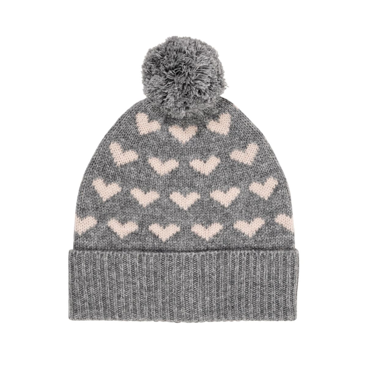 CASHMERE BEANIE W. HEARTS AND POMPOM - GREY MEL/TAUPE COMBI - GREY MEL/TAUPE COMBI / 48-50/9M-3Y