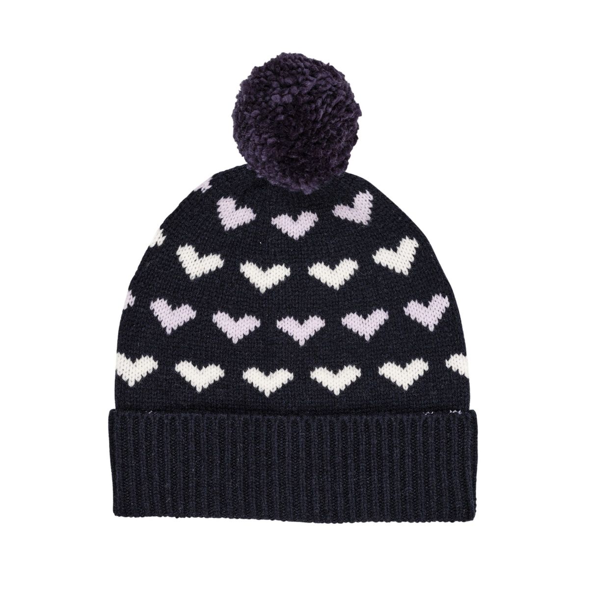 CASHMERE BEANIE W. HEARTS AND POMPOM - NAVY/LAVENDER COMBI - NAVY/LAVENDER COMBI / 48-50/9M-3Y