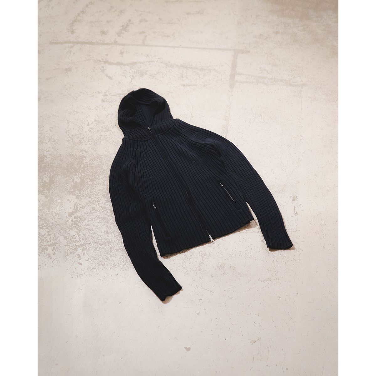 RIBBED KNIT HOODIE BLACK - S