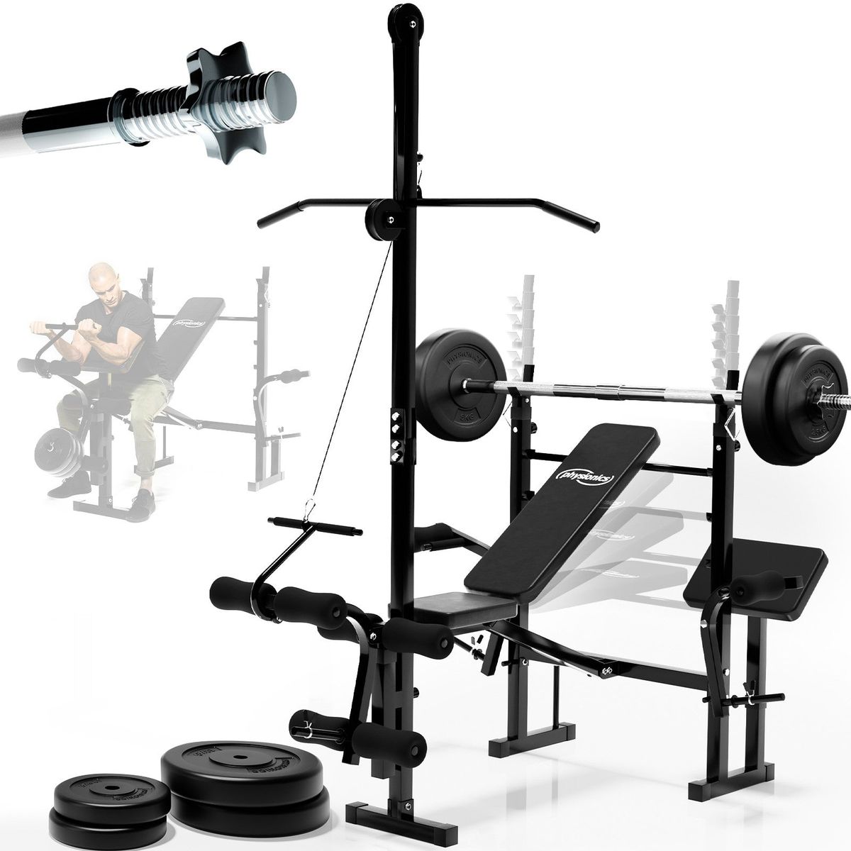 Physionics ® vægtbænk med vægtstang - 40 kg vægte, sommerfugl, benforlænger, krøllebænk, lat pulldown, 140 cm