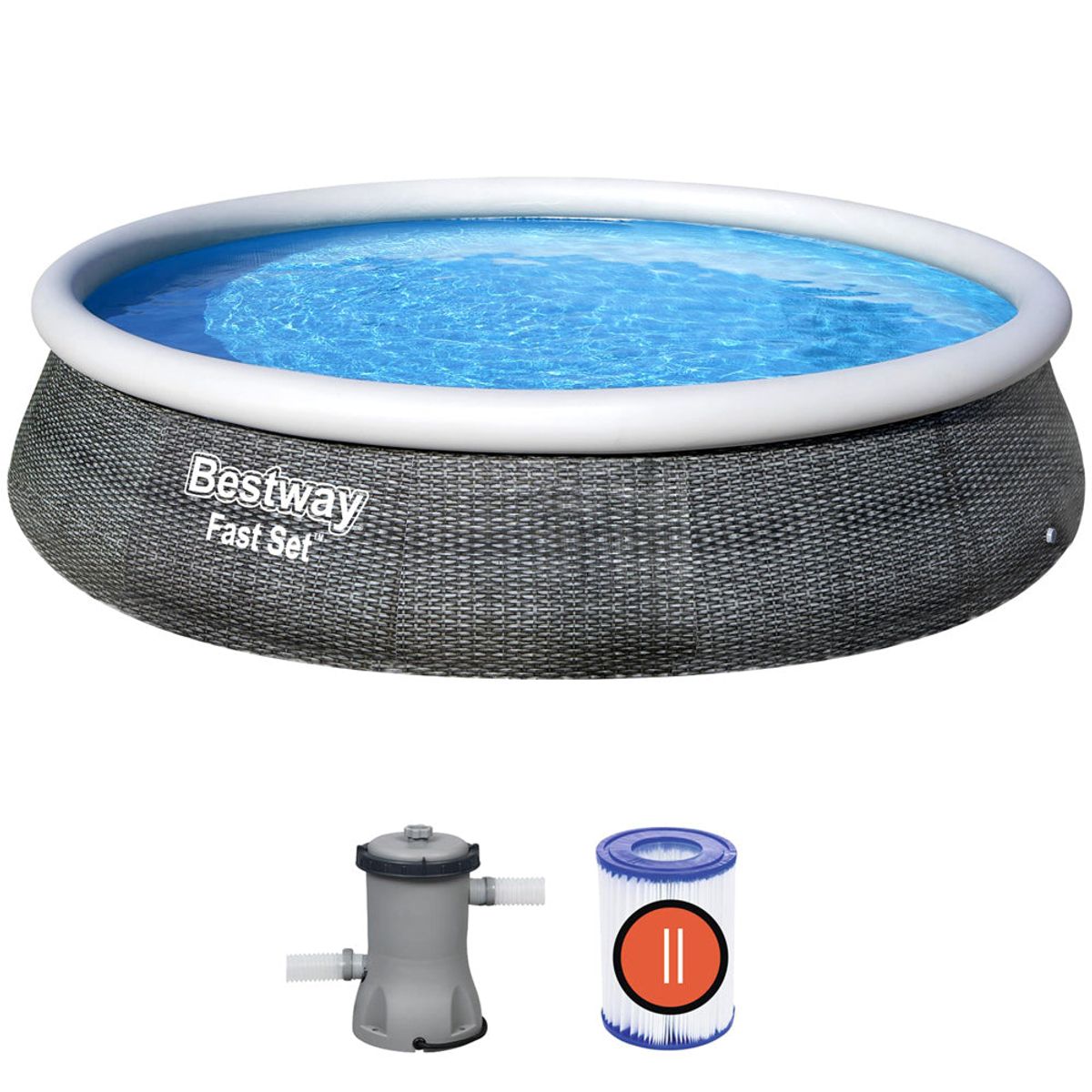 Fast Set Pool Swimmingpool runde rattan optik + filterpumpe 396x84