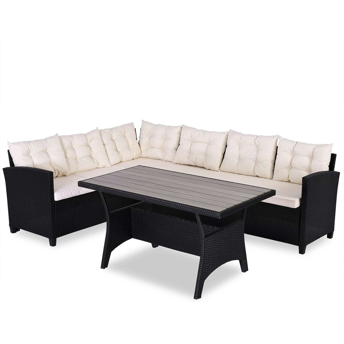 Polyrattan loungesæt sort/creme WPC bordplade