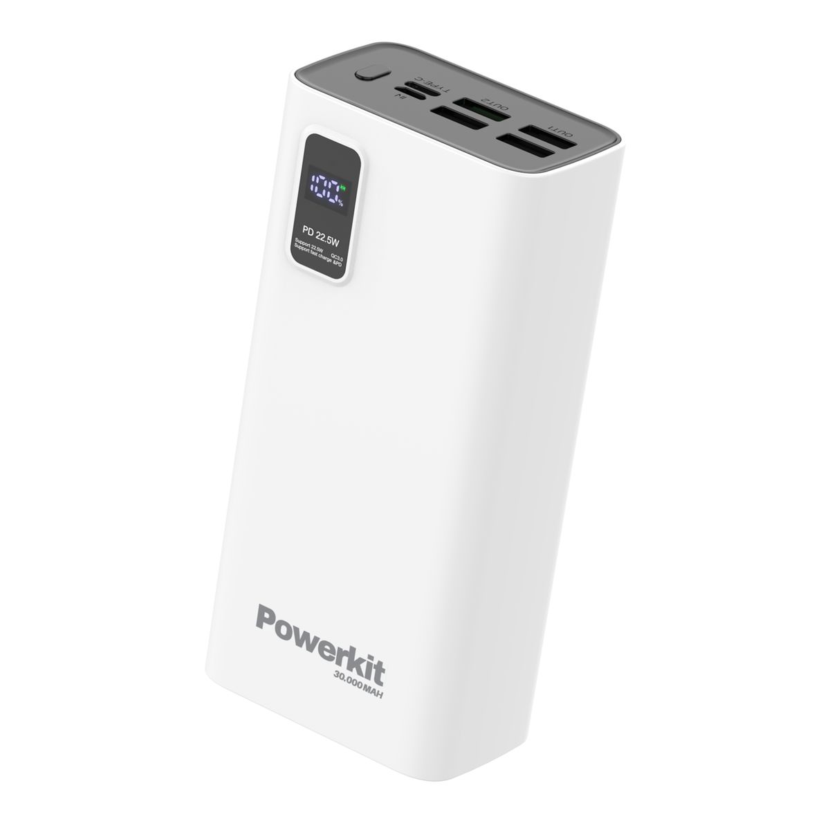 Powerbank 30.000 mAh - hurtigopladning - indbygget display - Hvid