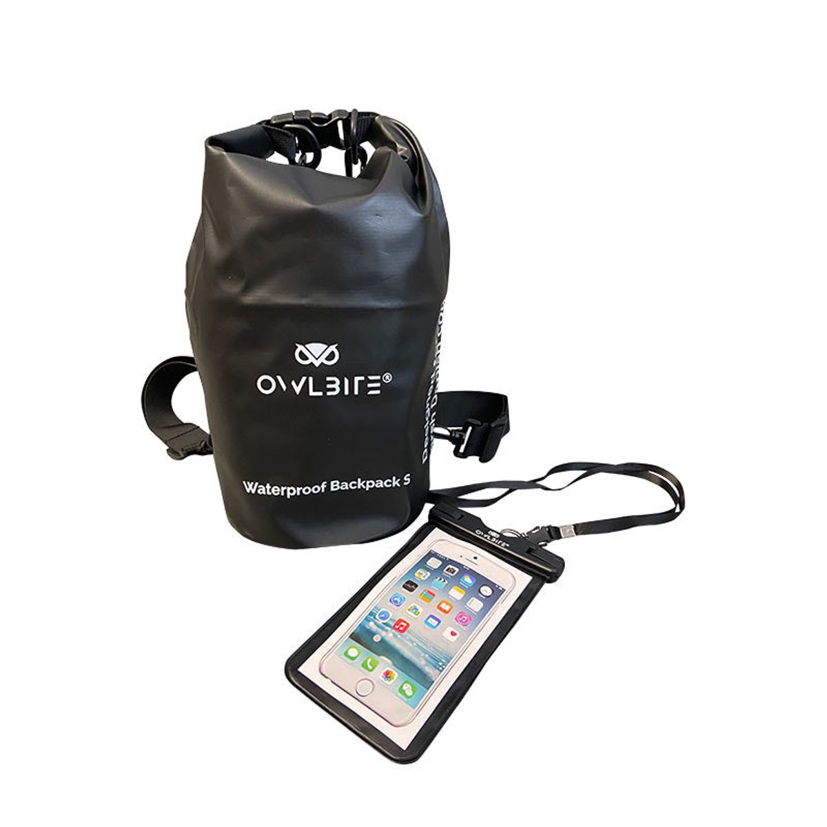 Vandtæt taske Dry Bag Rygsæk&trade; fra danske Owlbite® på 5L (Liter), sort - 5L drybag str. Small - inkl. mobilpose