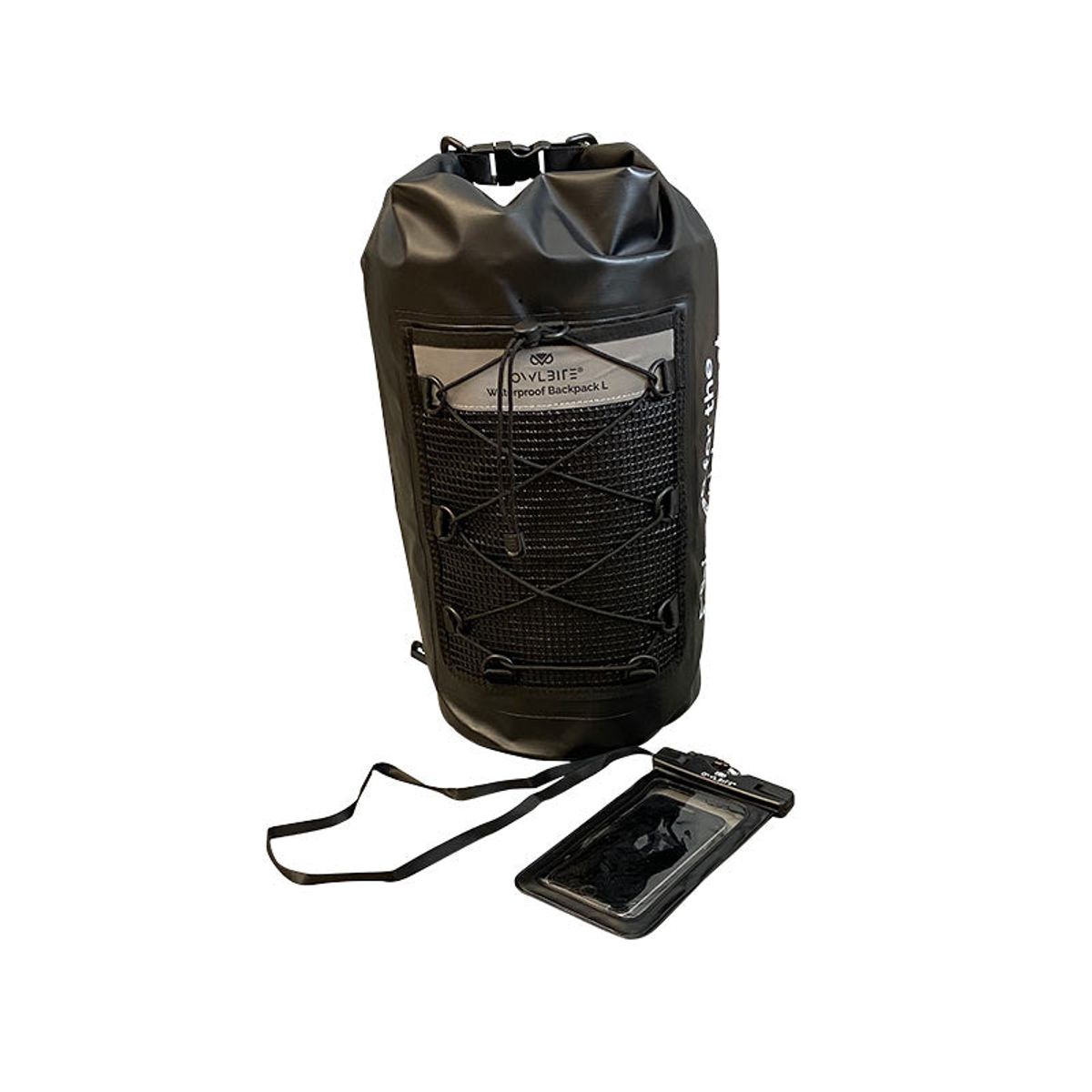 Vandtæt taske Dry Bag Rygsæk&trade; fra danske Owlbite® på 20L (Liter), sort - 20L drybag str. Large - inkl. mobilpose